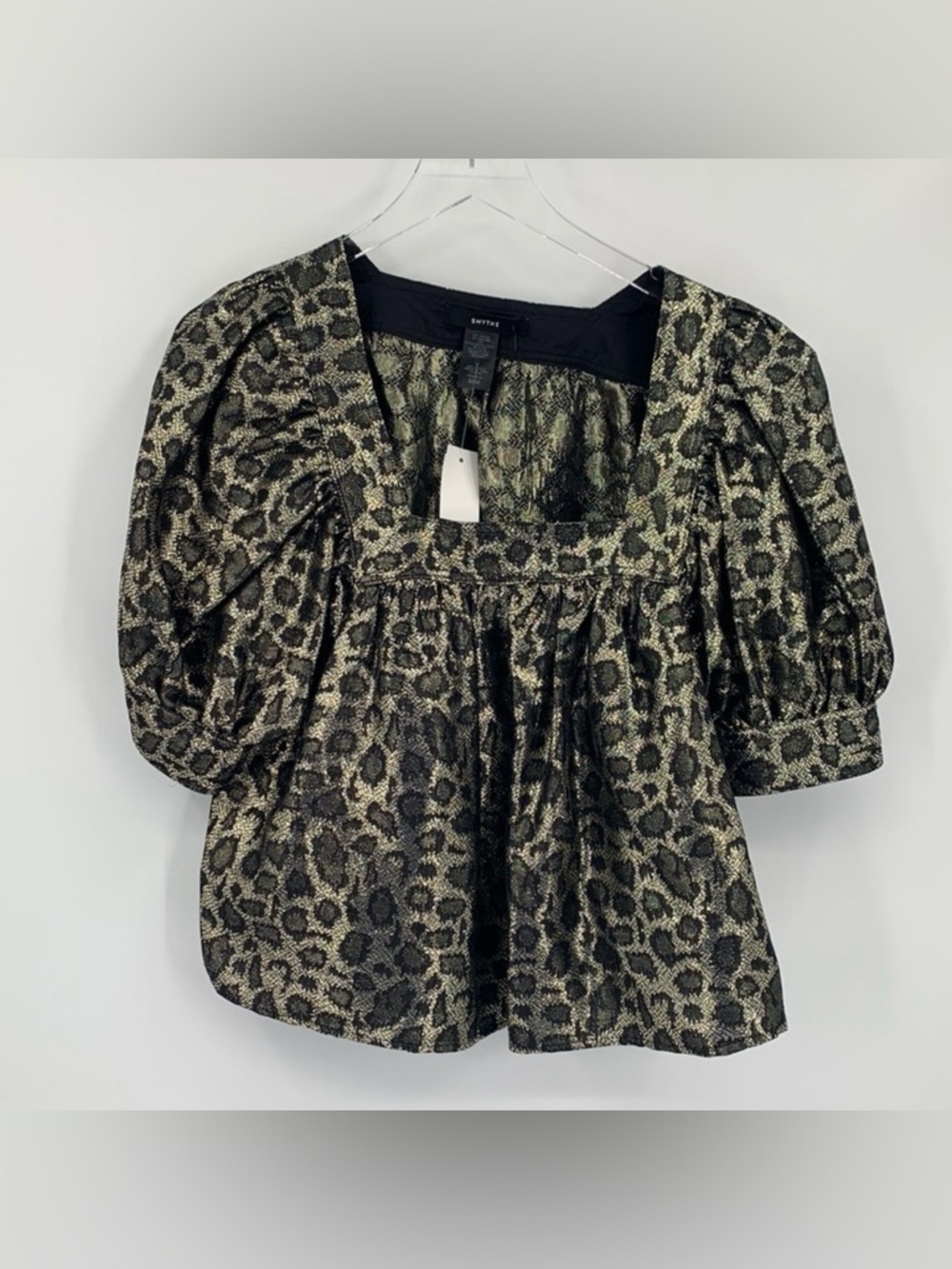 Smythe Square neck blouse top shirt puffed sleeve leopard lame gold black new M